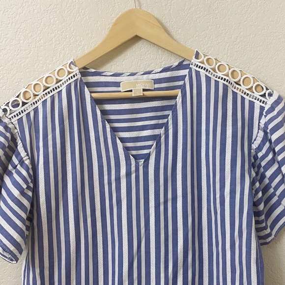MICHAEL Michael Kors Blouse Top Size Small Blue White Striped Ruffle Sleeve - Picture 2 of 5